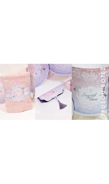 Trusou de botez pentru fetite, roz cu silver, lebada argintie  Silver Swan  16